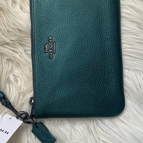 Coach Small Leather Wristlet Metallic Dark Green - Picture 6 of 10